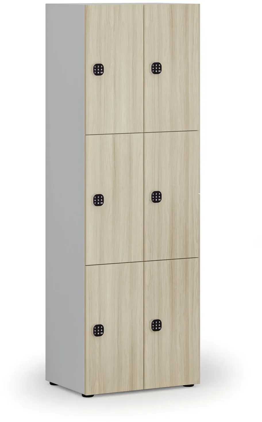 Holzspind S4 mit Ablagefächern, 6 Fächer, zerlegt, Codeschloss, grau/Eiche natur