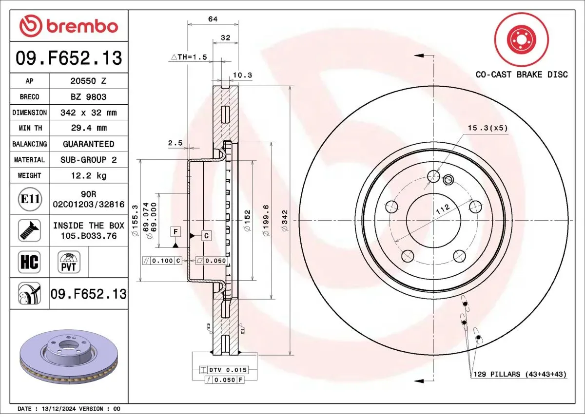 Remschijf PRIME LINE - Co-Cast BREMBO 09.F652.13, 1 stuk