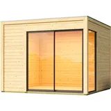 Woodfeeling Karibu Design Gartenhaus Dice 1 mit Aluminium Schiebetür - 38mm-308 x 308 cm- naturbelassen 50% Aktions-Rabatt auf Dacheindeckung & gratis Gartenhaus-Pflegebox