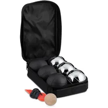 Relaxdays 6 Boule Kugeln, im Set mit Zielkugel & Abstandsmesser, Tragetasche, Boccia Spiel, schwarz/Silber