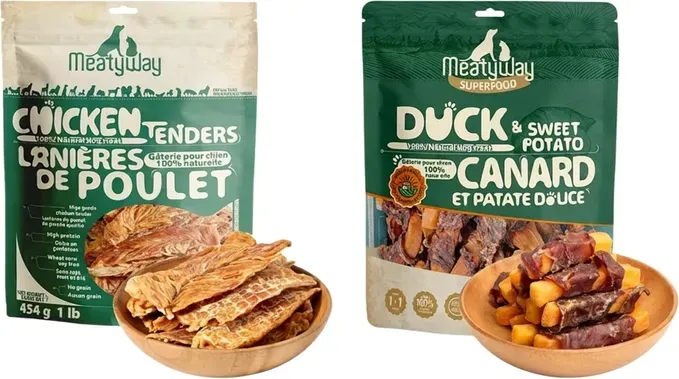 MeatyWay Huhn, Ente & Süßkartoffel Jerky Hundesnacks, Hochprotein, Fettarm, 100% Natürlich, Getreidefrei, Leicht Verdauliche Trainingssnacks, 454 g/16 oz (2er-Pack)