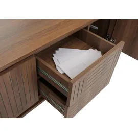 MCW TV-Rack MCW-O34, TV-Board Fernsehtisch Lowboard Kommode, Schubladen Ablagen, Melamin 51,5x150x39,5cm ~ braun