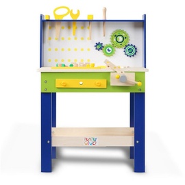 Baby Vivo Spielwerkbank / Werkbank für Kinder aus Holz - Luigi mit drehbaren Zahnrädern und 29 Teilen Zubehör