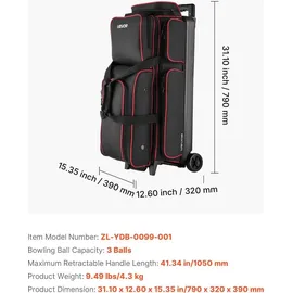 Vevor Bowlingballtasche für 3 Bälle mit Doppelrollen & separatem Fach für Schuhe (bis US-Größe 16) & übergroßer Zubehörtasche, einziehbarer Griff lässt sich auf 105 cm ausziehen Schwarz + Rot