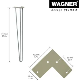 Wagner Möbelbeine HAIRPIN LEGS Retro 4tlg. Set - 12 x 12 x 71 cm, Stahl, vintage, Bein schräg&Anschraubplatte - 12827704