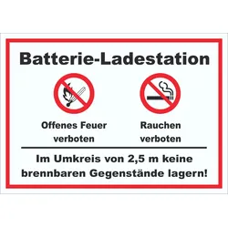 Batterie Ladestation offenes Feuer und rauchen verboten Schild A3 (297x420mm)