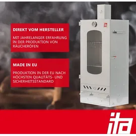 Ita Räucherofen 7012 - Premium Räucherschrank mit 3 Etagen - Legierter Stahl, mit Sichtfenster & Kaminabzug - Silber
