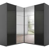 Rauch Quadra Eckschrank inkl. Türendämpfer und Schubladeneinsatz, mit Spiegeltüren grau metallic/Hochglanz Effektgrau, Schwarz, 4-trg. Spiegel, 2 Kleiderstangen, 12 Einlegeböden, 3 Schubladen, BxHxT 181x210x187 cm