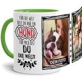 Tassendruck Fototasse mit Spruch - mein Hund, meine Welt - zum Selbst gestalten mit 2 Fotos für Hundebesitzer, Innen & Henkel Hellgrün, 300 ml