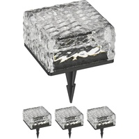 ledscom.de 4 Stück LED Solar-Pflasterstein Bodeneinbauleuchte BROSLO mit Erdspieß für außen, Glas, 10 x 10cm, warmweiß