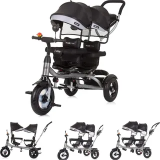 Babyshoppen Zwillingsdreirad 2Play, Lenkstange zwei verstellbare Sitze drehbar schwarz grau