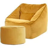 I.C.O.N. Icon Sitzsack Sessel mit Sitzpuff für Erwachsene, Gelb, Flauschiger Samtstoff, Riesen Sitzsack Samt mit Füllung, Bean Bag Chair, Bequemer Sessel Wohnzimmer, Lounge, Schlafzimmer, Büro