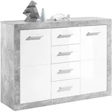 HBZ Kommode HBZ "Stone 2 weiß Glanz, BxHxT 117x88x37 cm", weiß (weiß, beton), B:117cm H:88cm T:37cm, Holzwerkstoff, Sideboards, Kommode, Kommode mit 2 Türen, 4 Schubkästen, 2 Einlegeböden