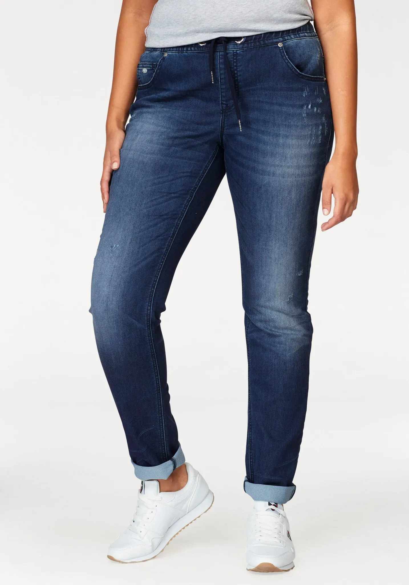 Jogg Pants KANGAROOS, Damen, Gr. 48, N-Gr, blau (blau used), Denim/Jeans, Obermaterial: 59% Baumwolle, 40% Polyester, 1% Elasthan, Destroyed-Effekte, figurbetont lang, Jeans Jogg Jeans Treggings, entspannte Passform