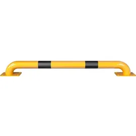 Schake Rammschutz, Bügel Stahlrundrohr Ø 60mm, zum Aufdübeln Bodenplatte 100x150 mm gelb pulverbeschichtet + schwarzen Streifen, Breite 400mm, Höhe 115 mm