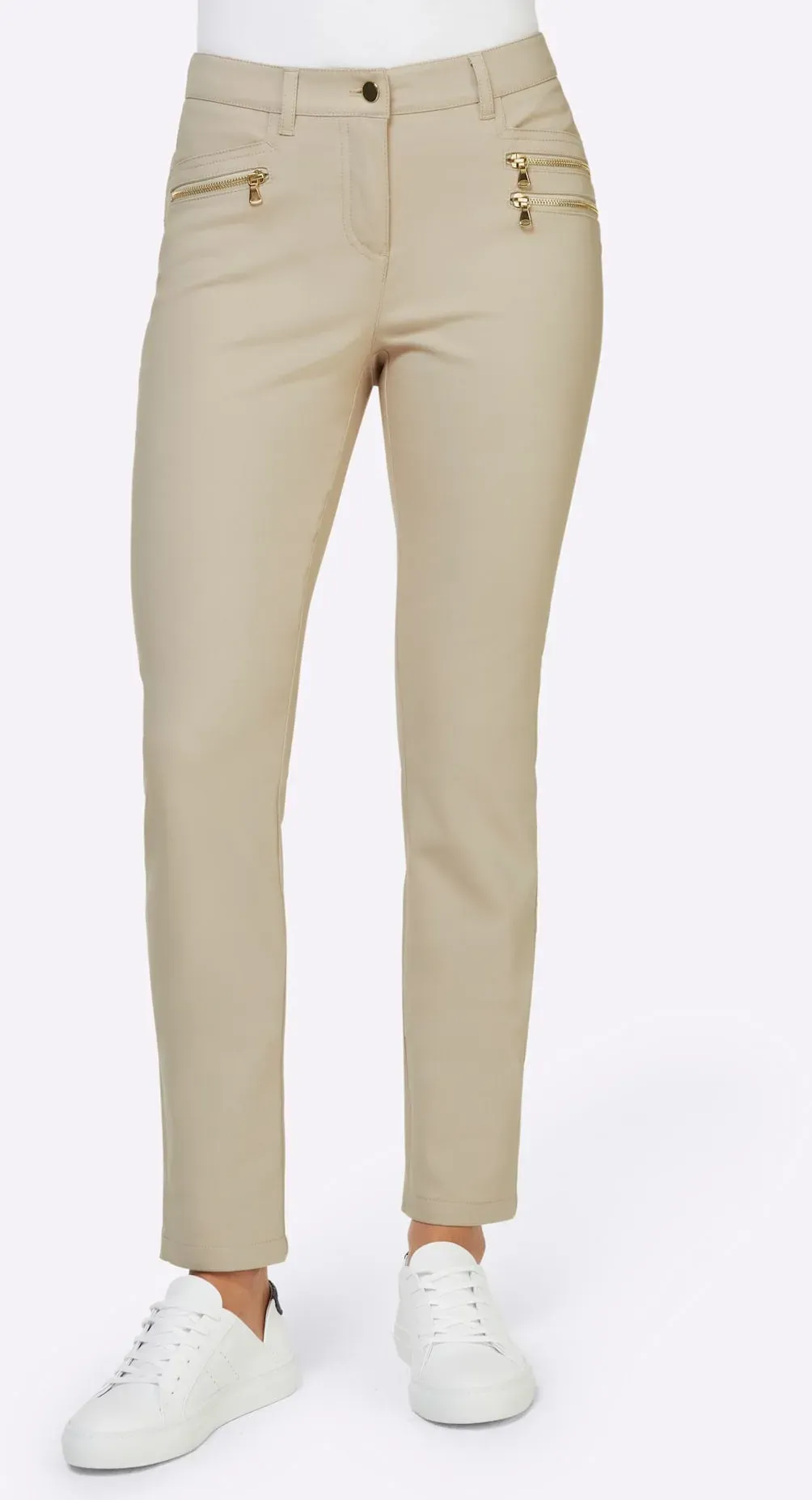 Stretch-Hose HEINE, Damen, Gr. 25, Kurzgrößen, beige (sand), 48% Baumwolle, 45% Polyester, 7% Elasthan, Miedereinsatz:15% Elasthan, 85% Polyamid, unifarben, lang, Hosen