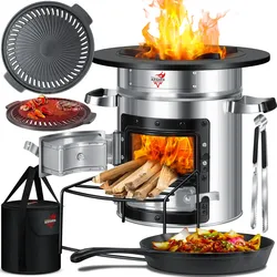 KESSER® Raketenofen Inkl. Grillpfanne aus Gusseisen mit Tragetasche, Dutch Oven BBQ Rakete Holzofen Camping Campingkocher Campinggrill, Edelstahl
