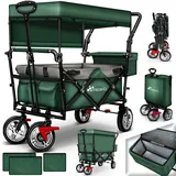 TRESKO Bollerwagen faltbar mit Dach, Kühltasche & Seitenrollos | Handwagen mit 3-Punkt Gurtsystem | Gartenwagen klappbar | Transportwagen mit Vollgummi-Reifen + Bremse + Tragetasche (Grün)