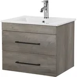 WELLTIME Waschtisch WELLTIME "Florenz Badschrank Badmöbel inkl. Waschbecken", grau (grau, grau wood grain), B:61cm H:50cm T:46cm, MDF, Waschtische, Waschtisch, Waschplatz mit 2 Auszügen und Softclose Breite 60cm