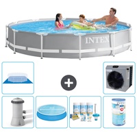 Intex Round Prism Frame Swimming Pool – 366 x 76 cm – Grau – inklusive Pumpe Sonnensegel - Wartungspaket - Filter - Bodenplane - Wärmepumpe