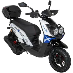Motorroller GT UNION "PX 55 Cross-Concept", blau (weiß, blau, schwarz, schwarz), Motorroller & Mofas, 25 km/h, mit Topcase, B:83cm H:112cm L:192cm
