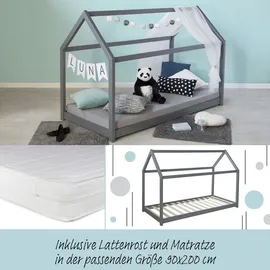Homestyle4u Hausbett 90 x 200 cm Kiefer grau