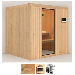 Karibu Sauna Dima, BxTxH: 196 x 170 x 198 cm, 68 mm, (Set) 3,6-kW-Plug & Play Ofen mit externer Steuerung beige