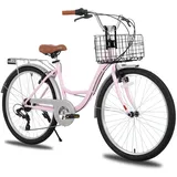 HILAND 26 Zoll Cityräder für Erwachsene, Step-Through Rahmen Damenfahrrad mit Gepäckträger und Korb, Herren und Damen 7 Gang-Schaltung Hollandfahrrad Citybike, City-Pendlerfahrrad für Männer, Rosa