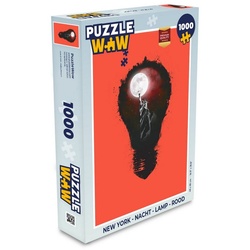 MuchoWow Puzzle New York - Nacht - Lampe - Rot, 1000 Puzzleteile, Foto-Puzzle, Bilderrätsel, Puzzlespiele, Klassisch bunt