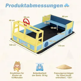 Fantask Holzsandkasten Feuerwehrauto mit Lenkrad und Sitzbank Blau/Gelb