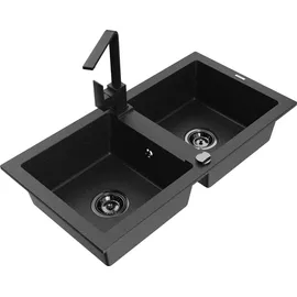 Mexen Mario 2-Becken-Granitspüle mit Mischbatterie Rita, Schwarz/Silbermetallic - 6504-73-670300-70-B