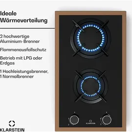Klarstein Lumiflame Gaskochfeld, 2-Brenner Kupferrahmen & Glasoberfläche, 4,2 kW Leistung, Elektrische Zündung |