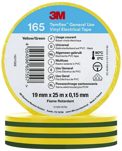 3M Temflex 165 Vinyl Elektro-Isolierband, 19mm breit, 25m lang, grün-gelb