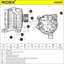 RIDEX 4G0451 Generator Generator-Ladestrom: 180A 12V