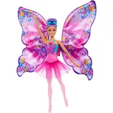 Mattel Barbie Tanz und Flatter Puppe mit 2-in-1-Verwandlung von der Tänzerin zum Schmetterling mit sich öffnenden Flügeln, violetten Haaren, Haarschmuck und abnehmbarem Tutu, HXJ10