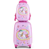 COSTWAY 2tlg Kinderkoffer + Rucksack, Kindertrolley aus Kunststoff, Kindergepäck, Kinder Kofferset Handgepäck Reisegepäck Hartschalenkoffer für Jungen und Mädchen (Einhörner, 12"+16")