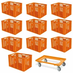 BRB 10 Euroboxen, 600x400x410 mm, lebensmittelecht, orange + Transportroller