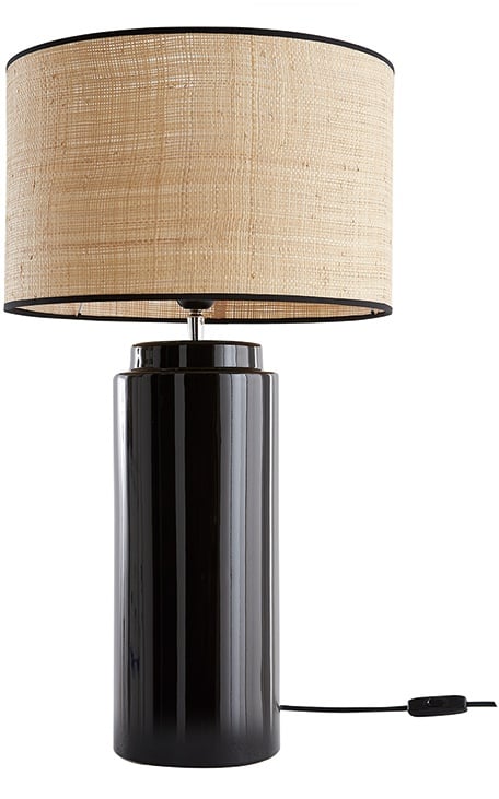 Lampe à poser en céramique émaillée noire et abat-jour en raphia naturel H64 cm MAJES