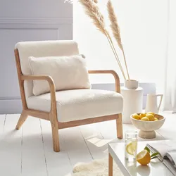 Weißer Sessel, Holz und Stoff, 1-Sitz, skandinavischer Stil, solides Holzgestell, bequeme Sitzfläche - Lorens
