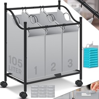 KESSER® Wäschekorb Wäschesammler Wäschesortierer mit 3 abnehmbaren Stofftaschen | 3 Fächer x 35 Liter | Wäschebox mit 12 Waschhinweisen 360° Rollen mit Bremse Wäsche-Sortiersystem Wäschewagen Grau