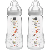 MAM Easy Active Trinkflasche im 2er-Set (330 ml), Baby Trinkflasche inklusive MAM Sauger Größe 2 aus SkinSoft Silikon, Milchflasche mit ergonomischer Form, 4+ Monate, Weltall