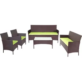 Mendler 3-2-1-1 Poly-Rattan Garten-Garnitur Halden, Lounge-Set Sitzgruppe Sofa braun-meliert, Kissen grün
