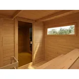 KARIBU Gartensauna Terragrau 6 Personen, Saunahaus mit Vorraum, bronzierte Ganzglastür, Fichtenholz, Infrarotkabine, Outdoor Sauna für Garten