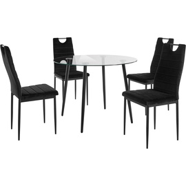 INOSIGN Essgruppe, (Set, 5 tlg.), runder Glastisch, Ø 100 cm und 4 Esszimmerstühlen, Bezug aus Samtstoff, schwarz