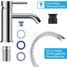 Bächlein Badarmatur Susara mit gebogenem Auslauf, Design Einhebelmischer mit langlebiger Keramikkartusche und Montage-Set, Bad Wasserhahn Chrom