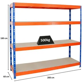 Proregal Profi Schwerlastregal Rhino HxBxT 180 x 200 x 60 cm 4 Spanplatten-Ebenen 8mm Fachlast 500 kg Blau/Orange