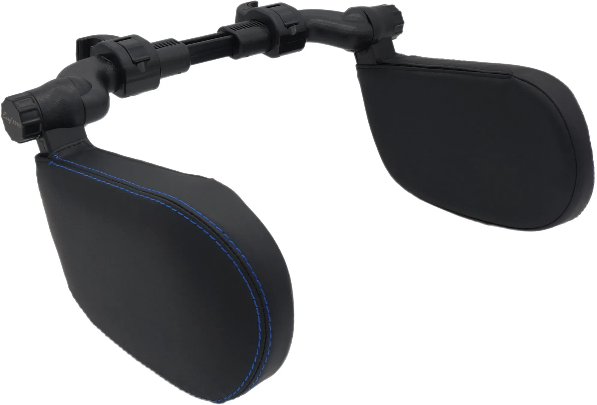 EasyTravel ergonomisches Auto Reise Kopfkissen - Kunstleder schwarz / Doppelnaht blau