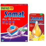 SOMAT Tabs 100 AW all in 1 Extra, Geschirrspül Tabs für strahlende Sauberkeit, bekämpft eingetrocknete Rückstände + Somat Duo Power Experten Deo Perls 60 AW Zitrone & Orange Duft 17g