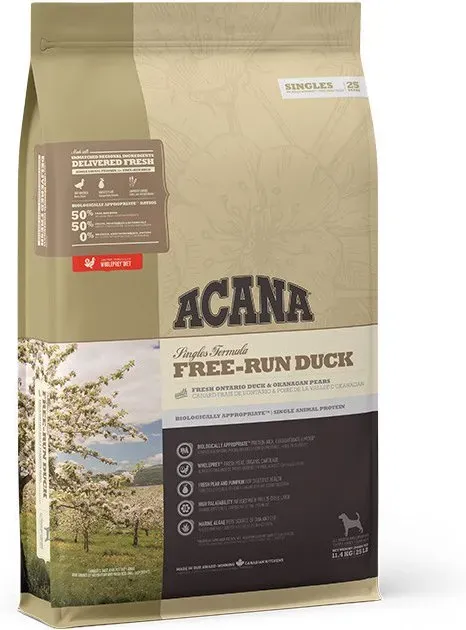 Acana Hundefutter mit Einzelprotein, Freilandente, 11,4 kg, für ausgewachsene Hunde, reich an Huhn, Eiern aus Freilandhaltung, Scholle, Obst und Gemüse, frei von Getreide, Soja, Mais, Weizen oder Maniok