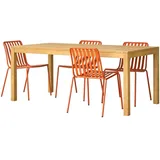 Tikamoon Teo - Gartenmöbel Set aus massivem Teak und orangefarbenem Metall 4 Stühle